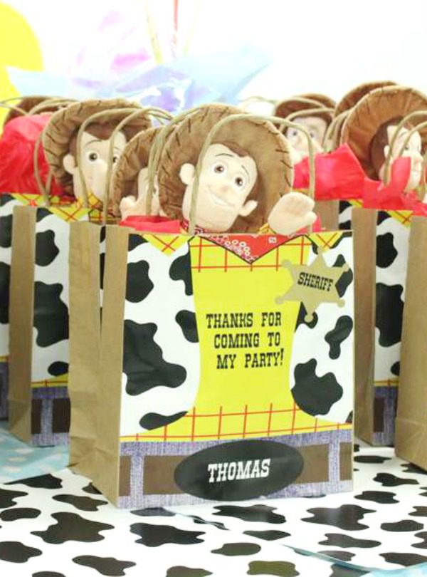 Toy Story party favor bag with a Woody for guests to take homw with them