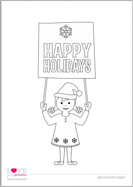 FREE printable little girl Happy Holidays coloring sheet