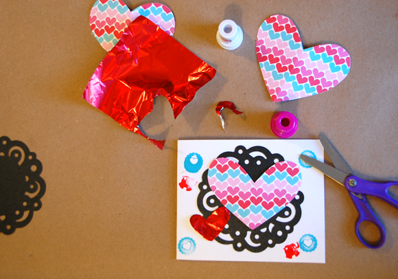 Valentine Card Making Table with hearts