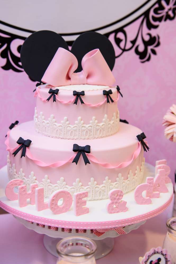 Black Bows and White Lace Piink Minnie Mouse Birthday Cake