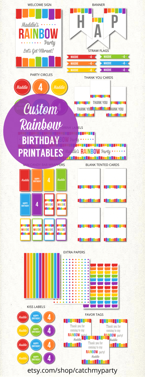 Custom Rainbow Girl Birthday Party Printables | CatchMyParty.com