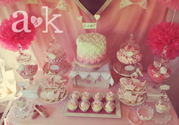 Pink baby shower dessert table | CatchMyParty.com