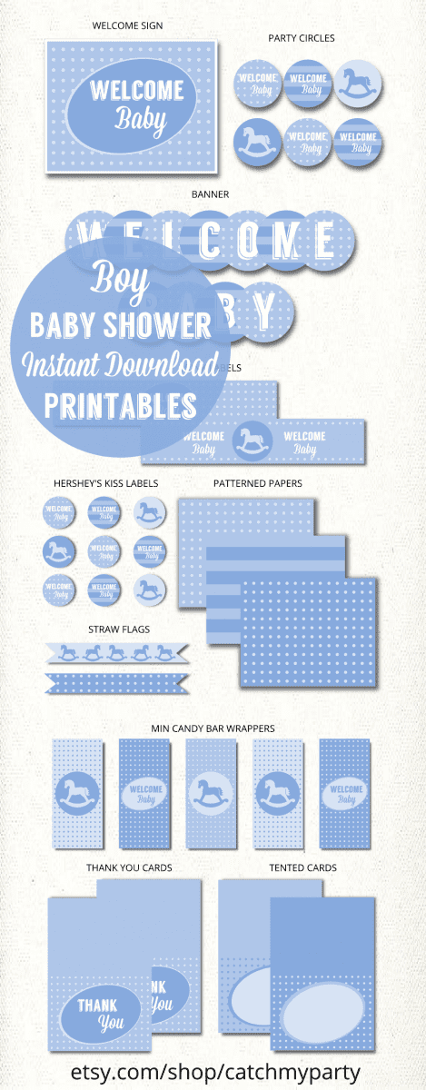 Retro Blue Boy Baby Shower Party Printables | CatchMyParty.com