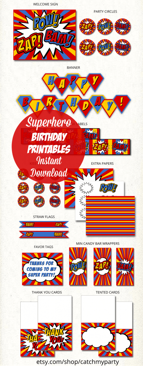 Retro Superhero Birthday Party Printables | CatchMyParty.com