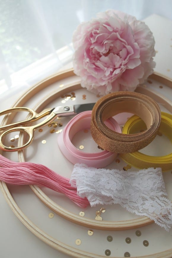 Feminine ribbon chandelier DIY tutorial supplies | CatchMyParty.com