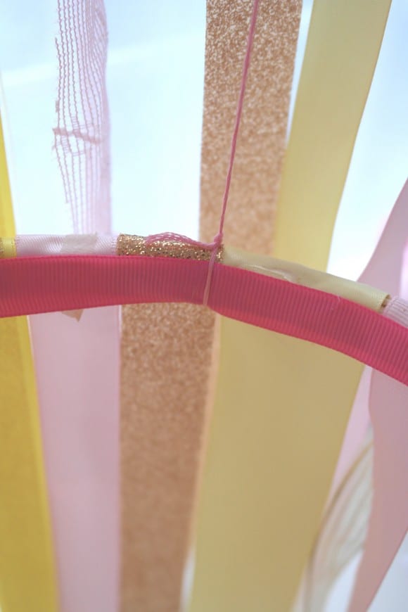 Feminine ribbon chandelier DIY tutorial, great party decor! | CatchMyParty.com