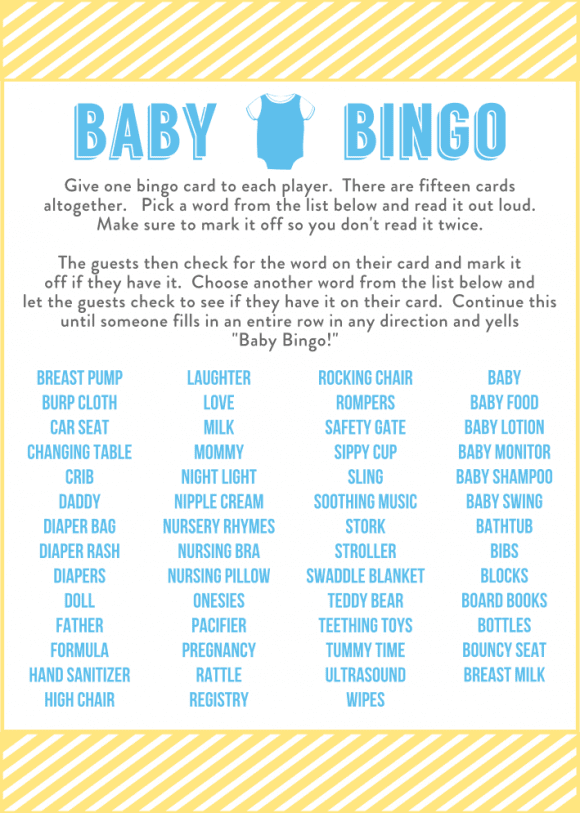 Free Baby Shower Bingo Printable Instructions for a Boy | CatchMyParty.com