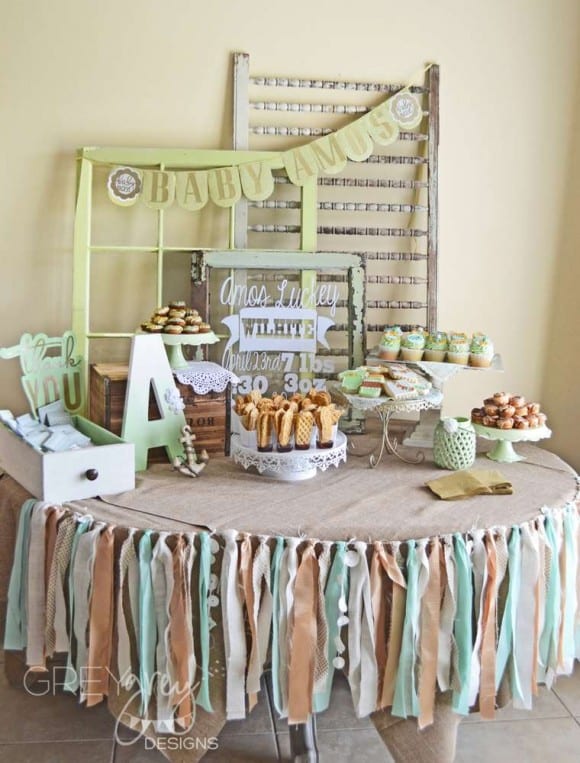 Shabby chic fabric garland at a vintage baby shower | CatchMyParty.com