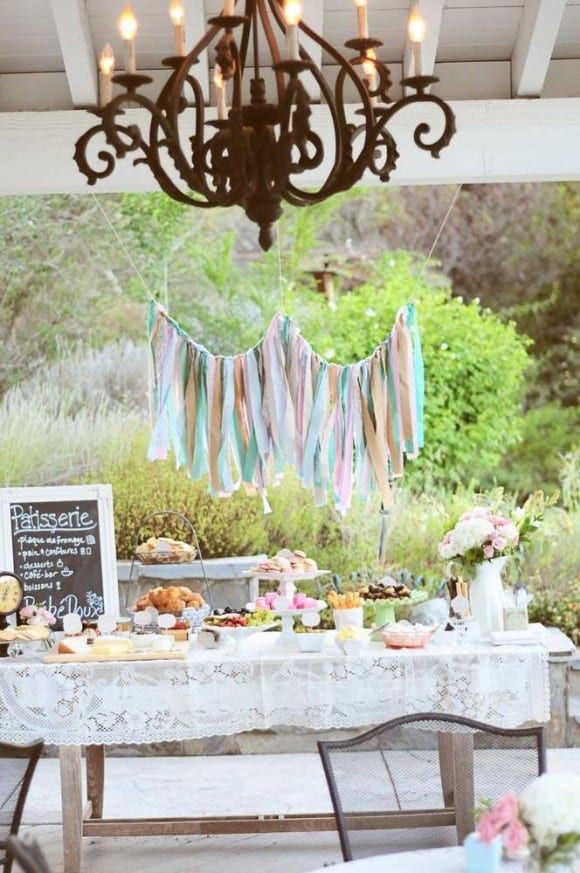 Fabric garland decoration at a baby shower | CatchMyParty.com
