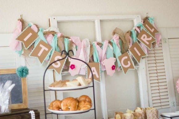 Shabby chic fabric garland at a girl baby shower | CatchMyParty.com