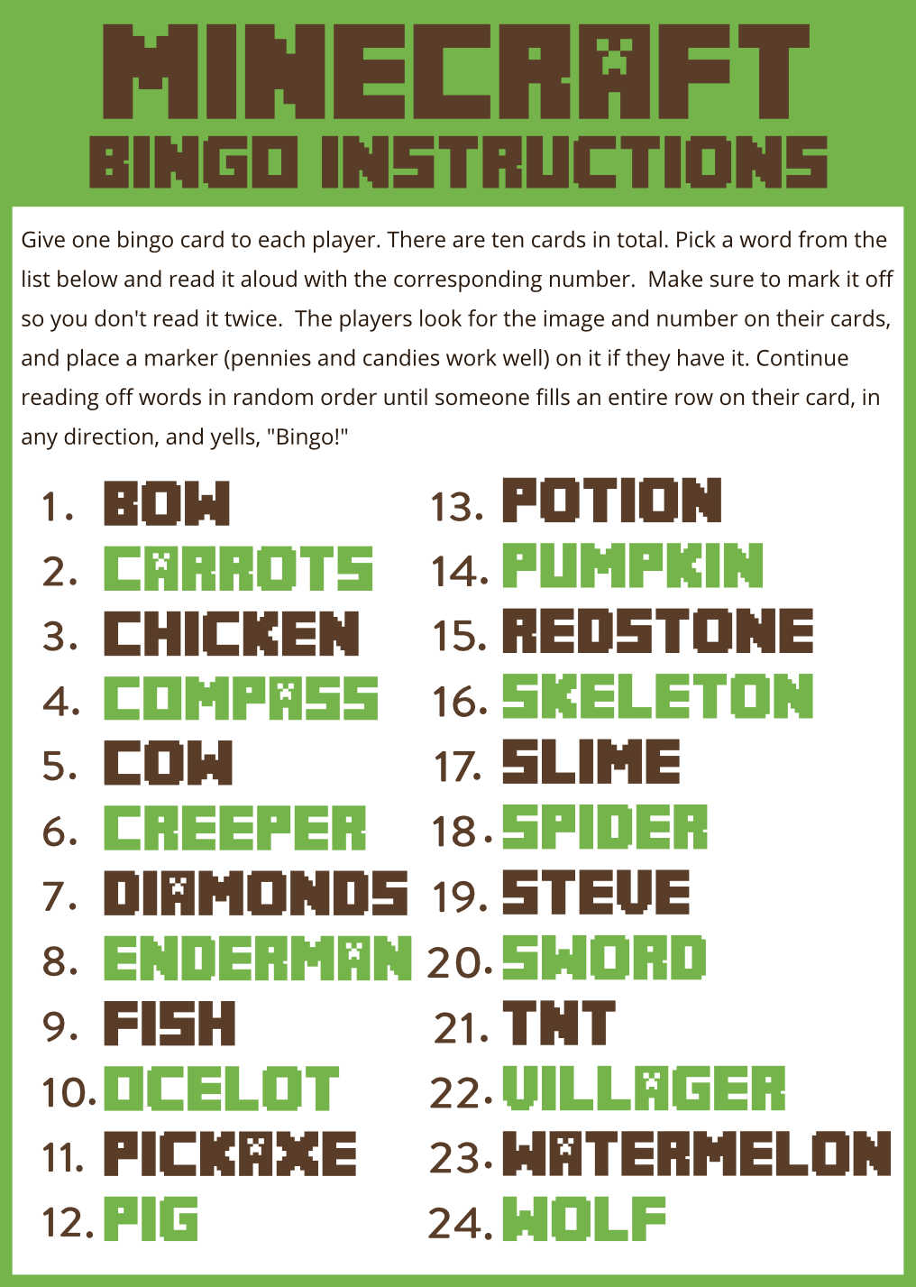Download This Free Minecraft Game Printable Bingo Now Catch My Party
