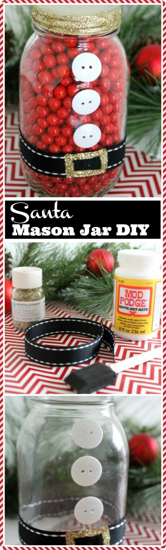 Check out this easy Santa mason jar DIY, perfect for last minute gifts! CatchMyParty.com