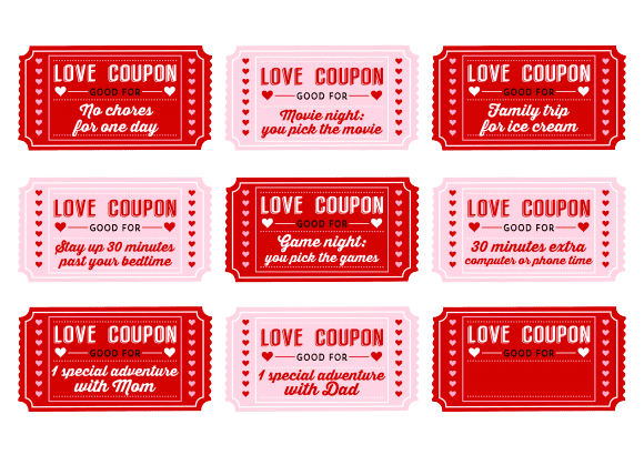 Free Printable Love Coupons for kids on Valentine's Day | CatchMyParty.com