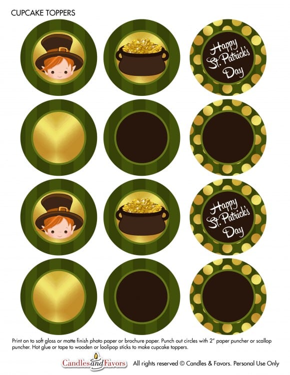 Free St. Patrick's Day Party Printables - cupcake toppers | CatchMyParty.com