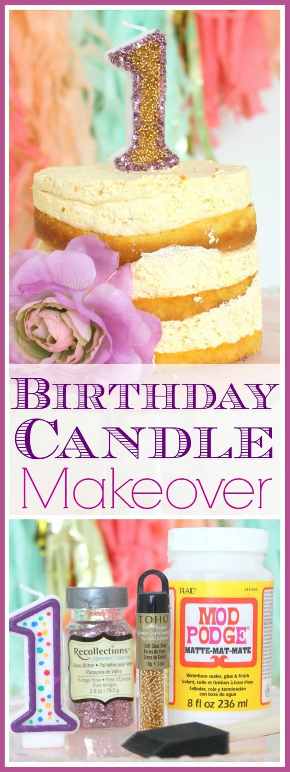 Birthday candle craft using glitter and glass beads. Easy way to makeover a candle! | CatchMyParty.com