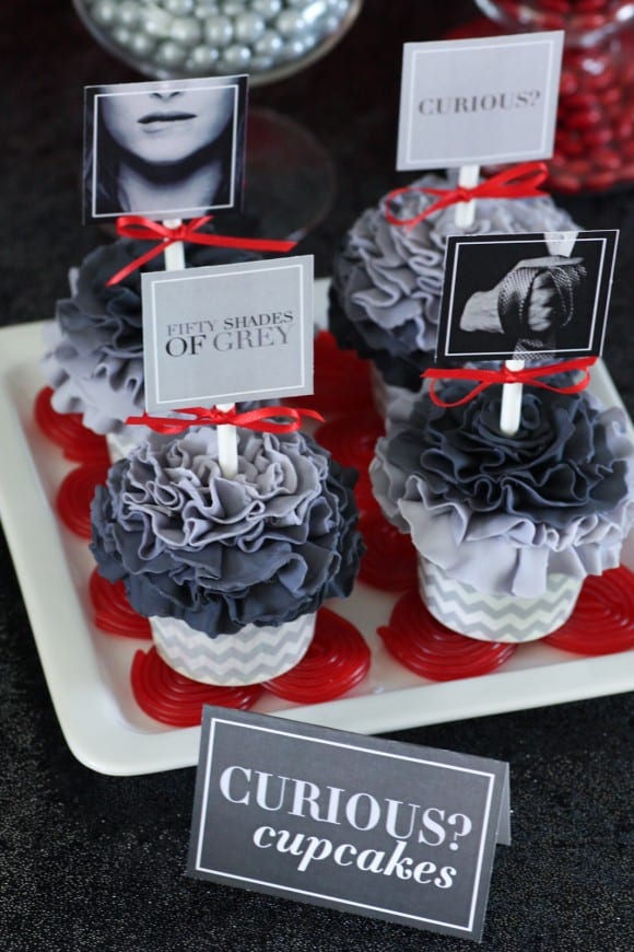 Fifty Shades of Grey cupcakes with free printable cupcake toppers | CatchMyParty.com