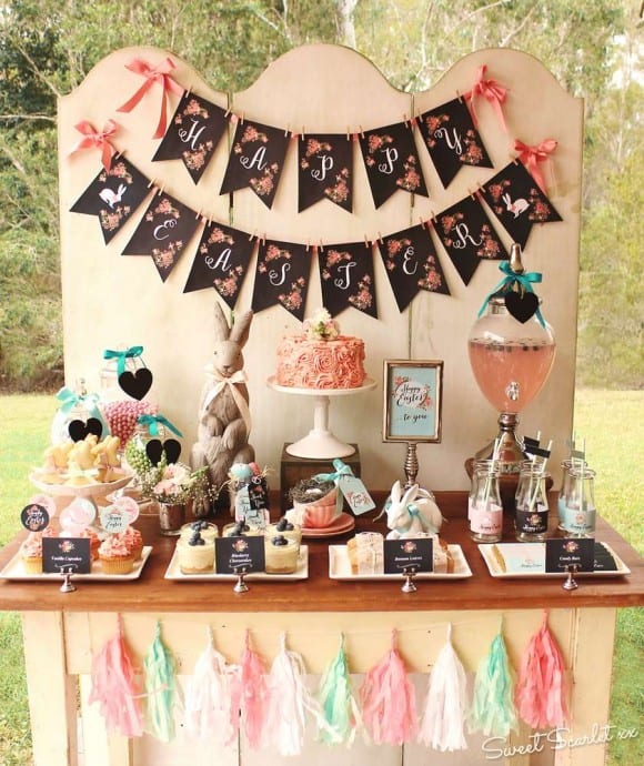Floral Chalkboard Easter Dessert Table | CatchMyParty.com