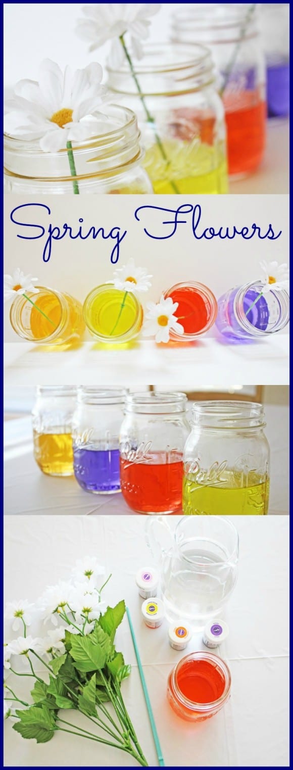 Colored water centerpiece perfect for spring and Easter! | CatchMyParty.com