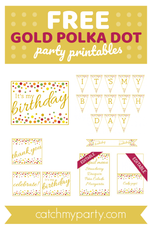 Collage of Free Gold Polka Dot Party Printables | CatchMyParty.com