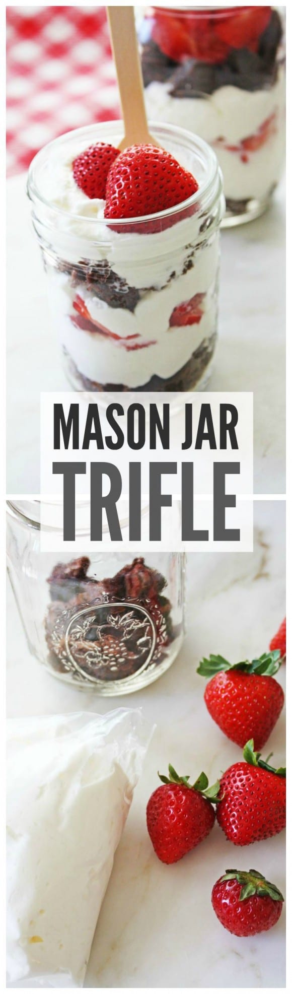 Mason jar trifle recipe with brownies, strawberries, and whipped cream! See more summer recipes at CatchMyParty.com!