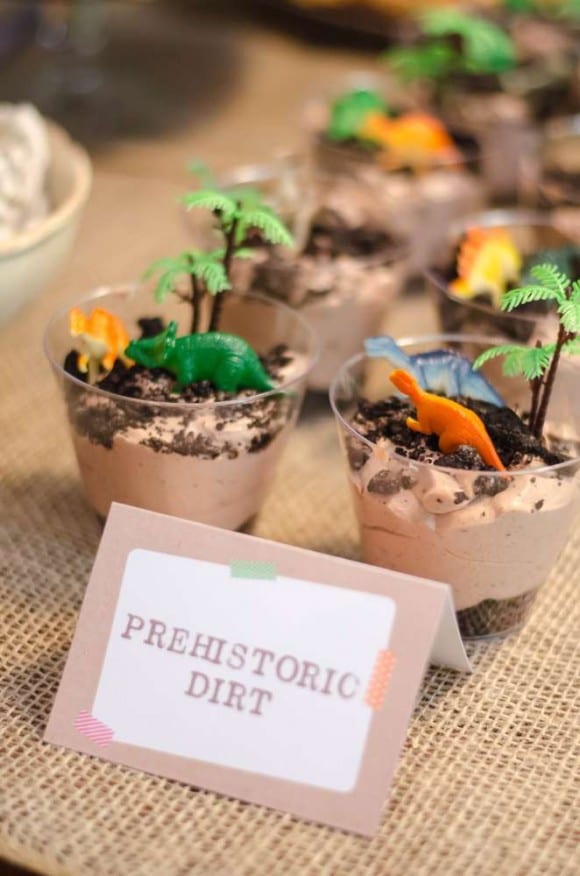 Dinosaur Birthday Party Dirt Pudding Cups | CatchMyParty.com