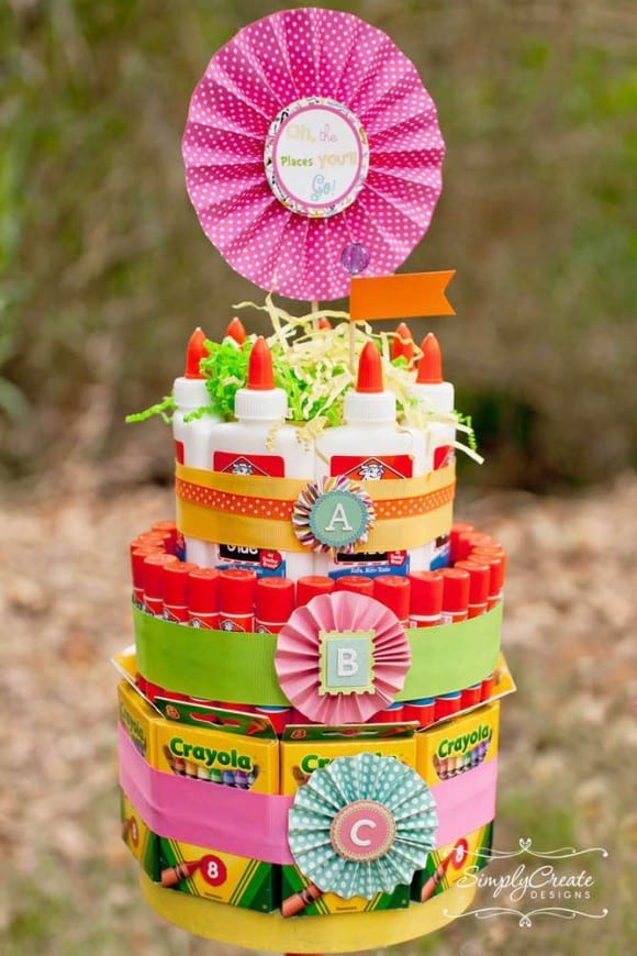 School supplies cake centerpiece for back-to-school | CatchMyParty.com