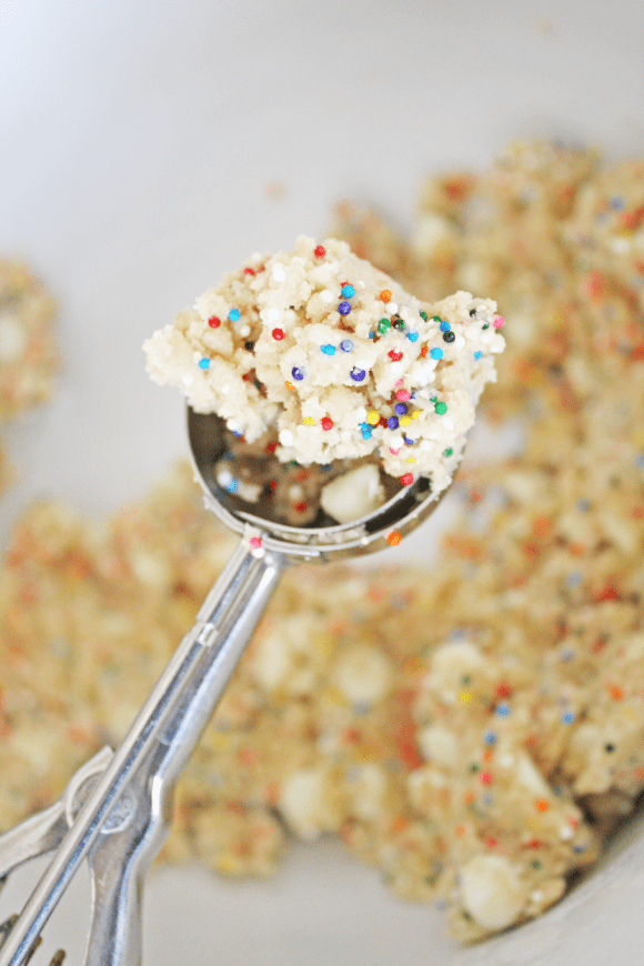 Scooping Confetti Cake Batter Cookies | CatchMyParty.com