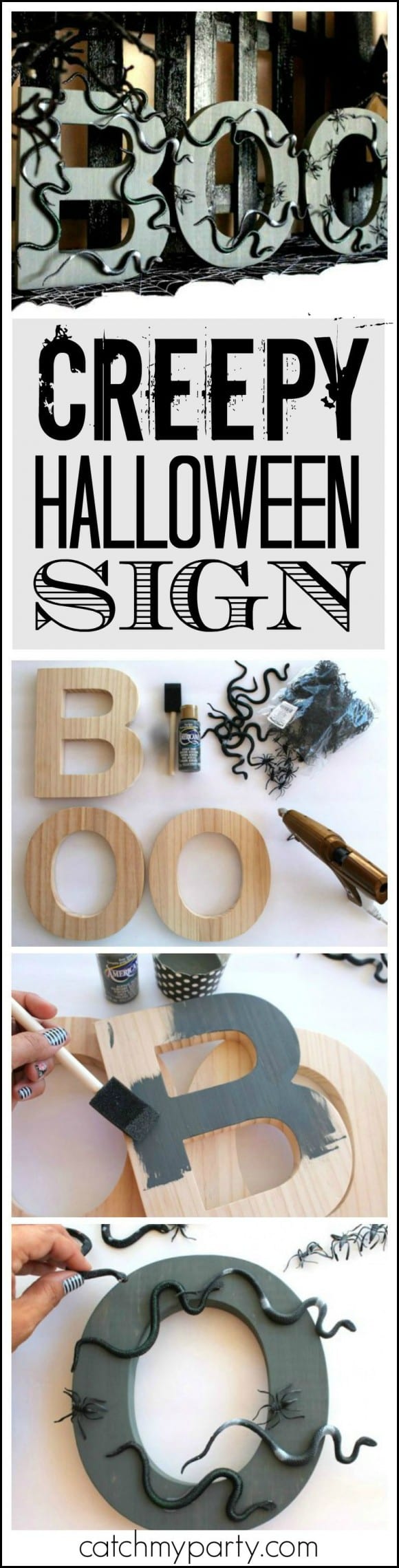 Creepy Halloween BOO Sign DIY with spiders and snakes | CatchMyParty.com