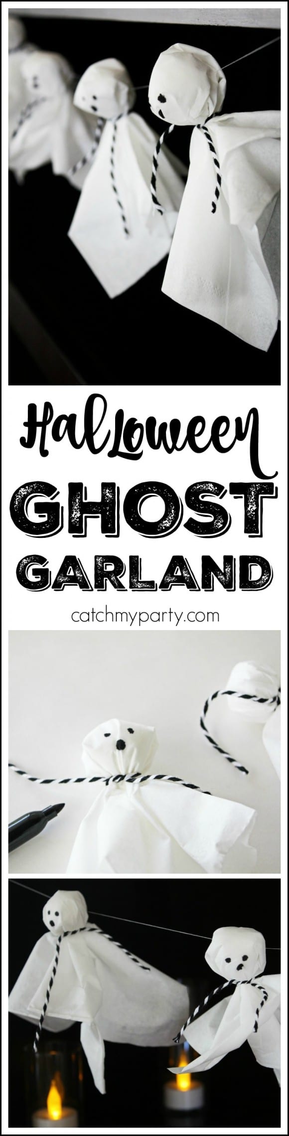 Learn to make this easy Halloween tissue ghost garland to decorate your house for Halloween! | CatchMyParty.com