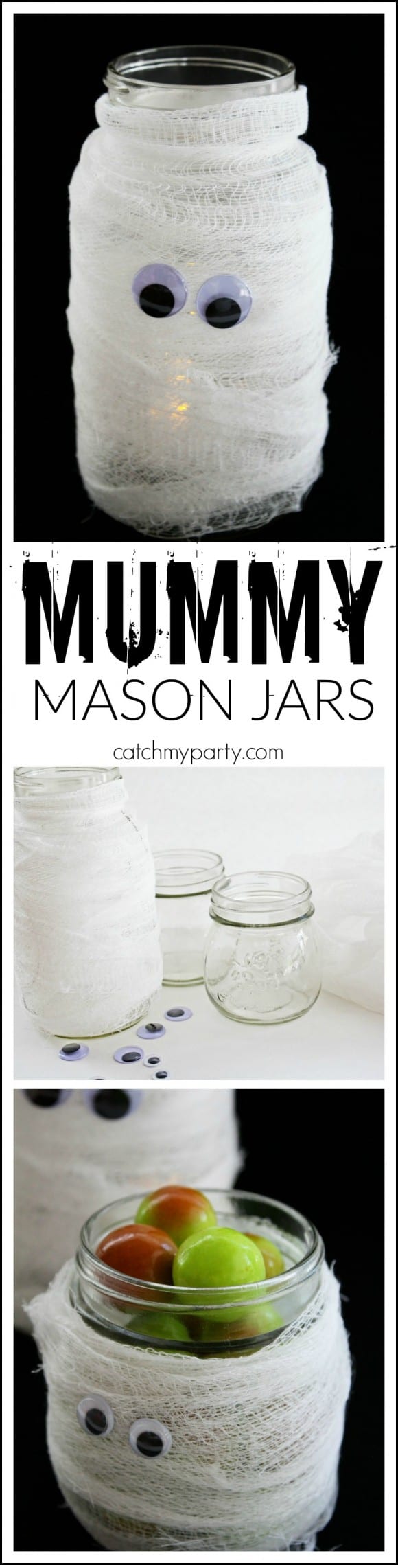Use this Halloween Mummy Mason Jar DIY to light up your walk on Halloween! | CatchMyParty.com