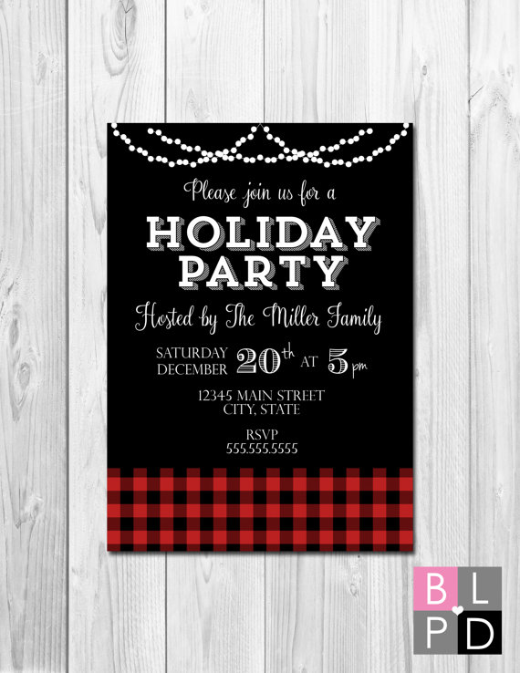 Holiday Party Invitation - Buffalo Plaid and String Lights