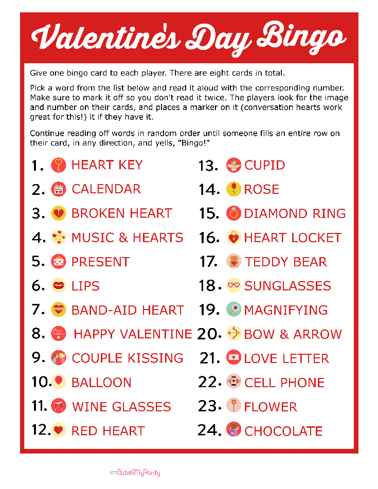 Free Valentine's Day Bingo Game Catch My Party