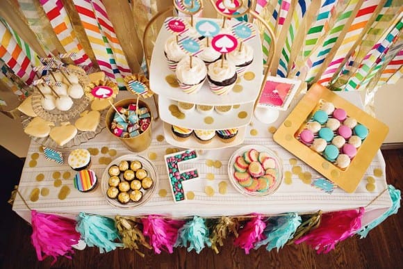 Kate Spade party ideas - colorful dessert table! | Catchmyparty.com