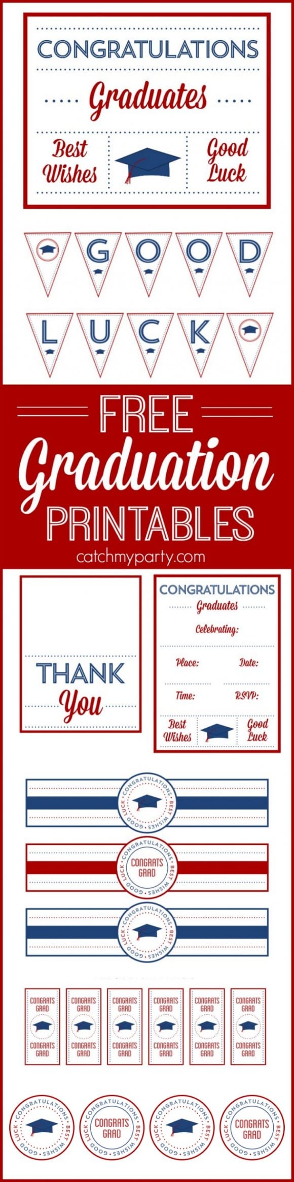 Free Red & Blue Preppy Graduation Party Printables | Catchmyparty.com