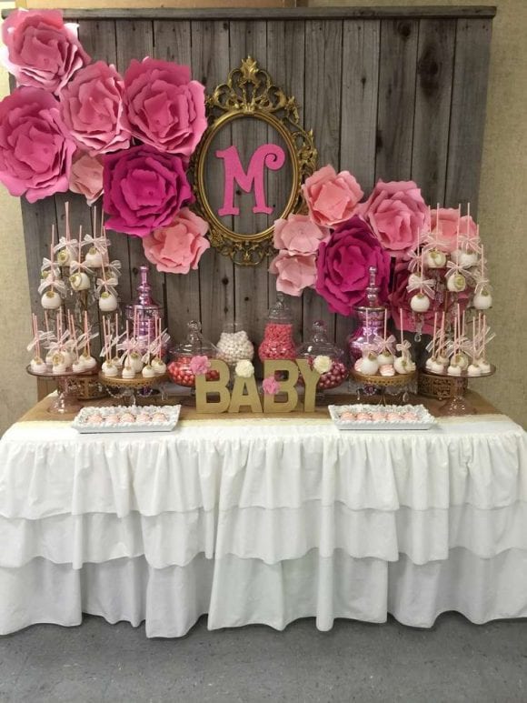 Baby shower paper flower backdrop | Catchmyparty.com
