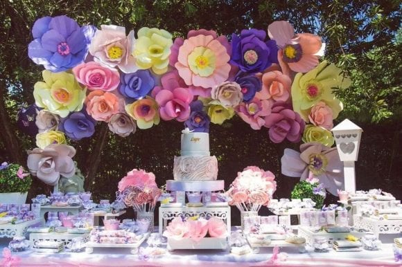 1st birthday paper flower backdrop | Catchmyparty.com