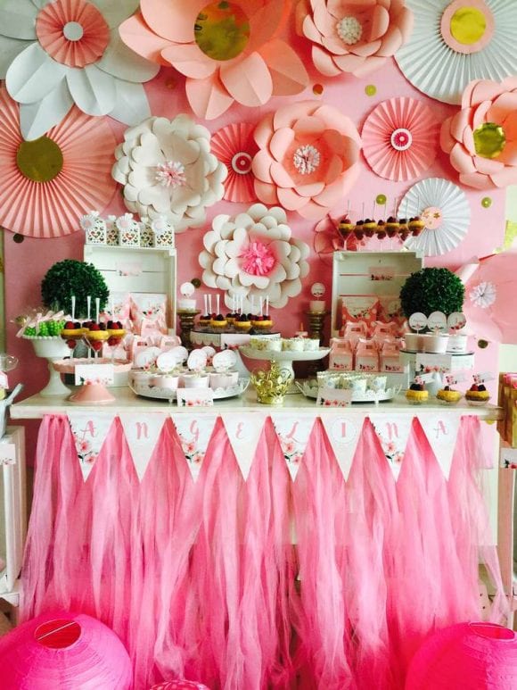 Pretty in pink 1st birthday paper flower backdrop | CatchMyParty.com