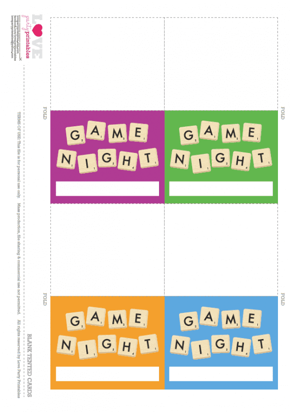Free Game Night Party Printables - Blank Tented Cards