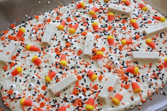 Melted Chocolate topped with kit kats, candy eyeballs, and halloween sprinkles | CatchMyParty.com