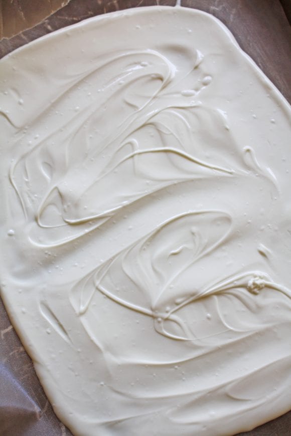 Melted Chocolate Chips spread evenly on the wax paper | CatchMyParty.com