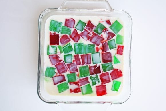 White Jello Poured into the Green and Red Jello | CatchMyParty.com