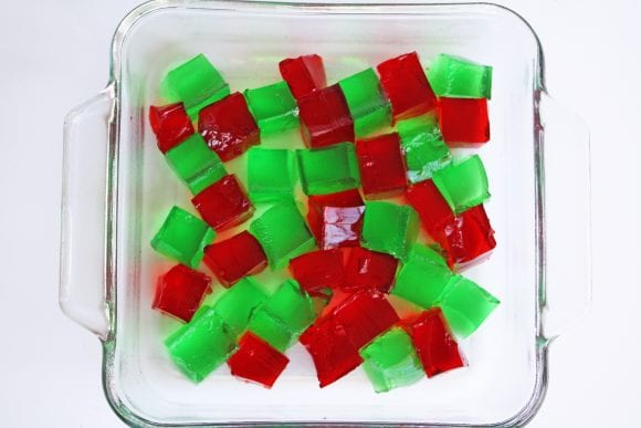 Cut Jello Arranged in the Bottom of the Baking Dish | CatchMyParty.com