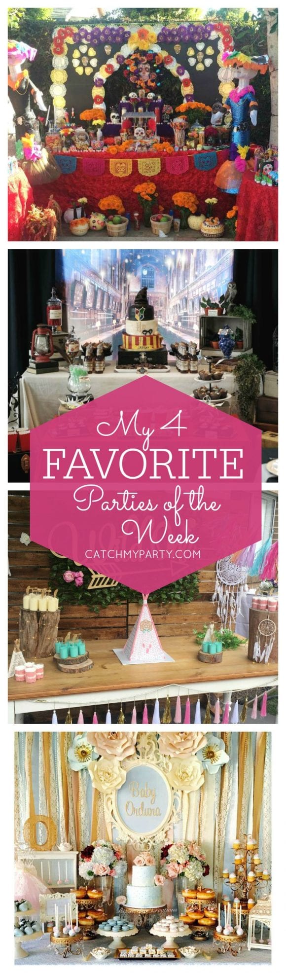 My favorite parties this week include a Dia de los Muertos birthday party, a Harry Potter birthday party, a Wild One 1st birthday party and a Vintage Victorian baby shower! | Catchmyparty.com