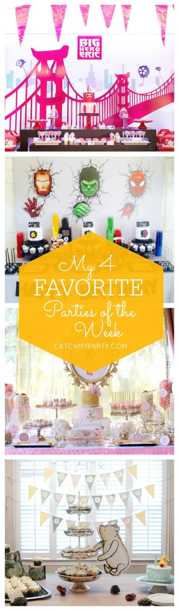 My favorite parties this week include a Big Hero 6 birthday party, a superhero birthday party, a princess baby shower and a Pooh bear 1st birthday party! | Catchmyparty.com