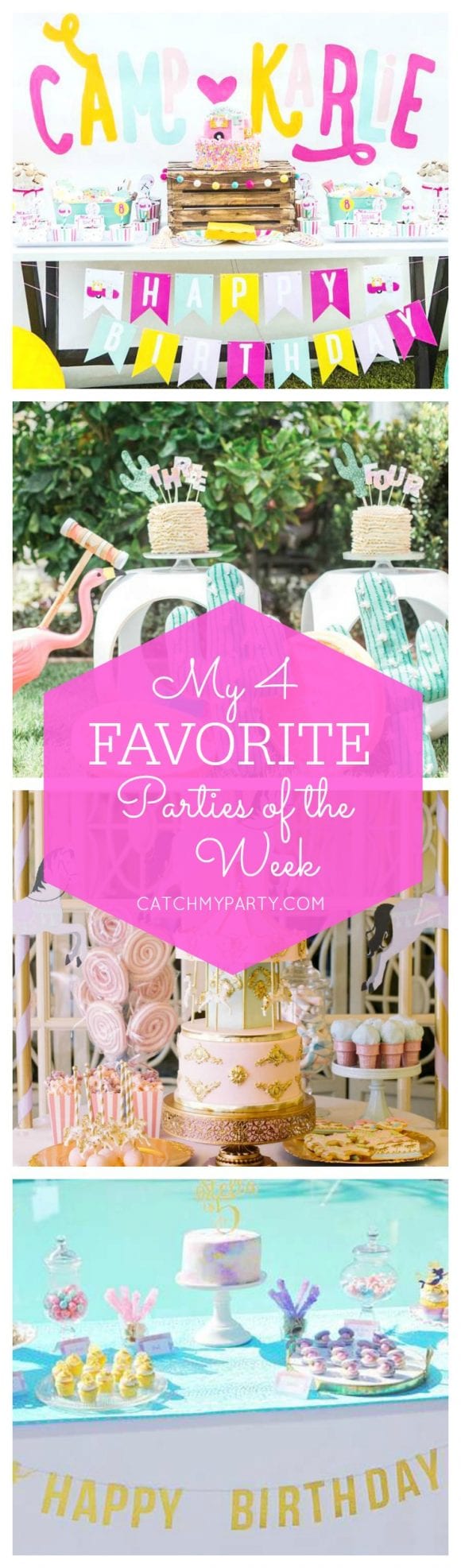 My favorite parties this week include a Girly Glamping birthday party, a Flamingo and Cactus birthday party, a Carousel of Dreams birthday party and a Water Color Mermaid party! | Catchmyparty.com