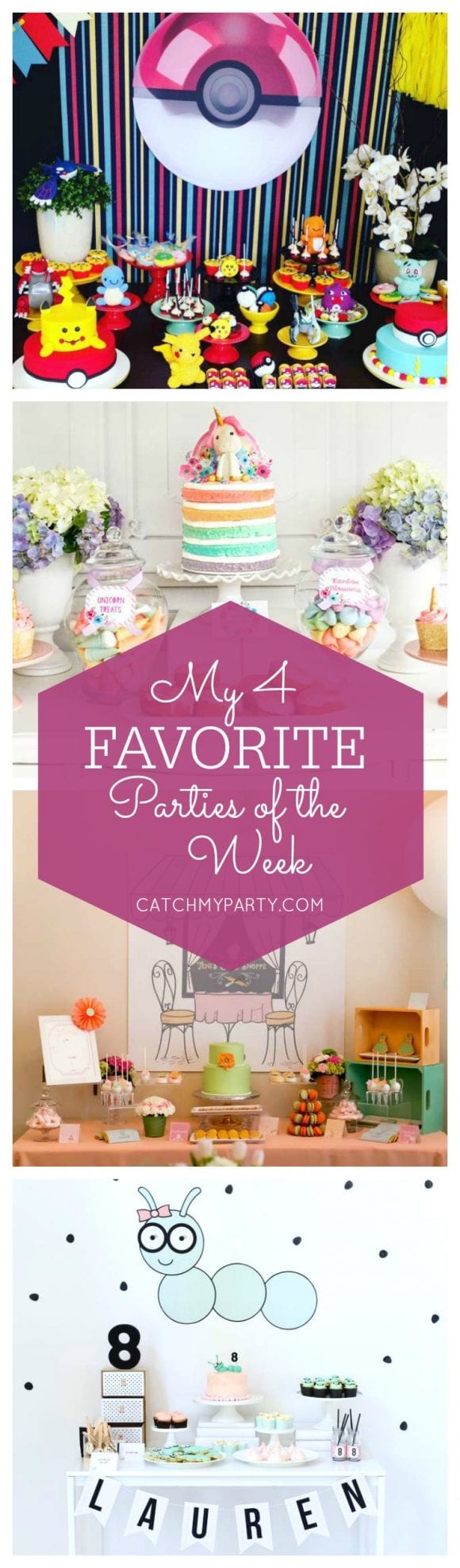 My favorite parties this week include an fun Pokemon birthday party, a gorgeous unicorn birthday party, a delicious baking birthday party and a cute bookworm birthday party.