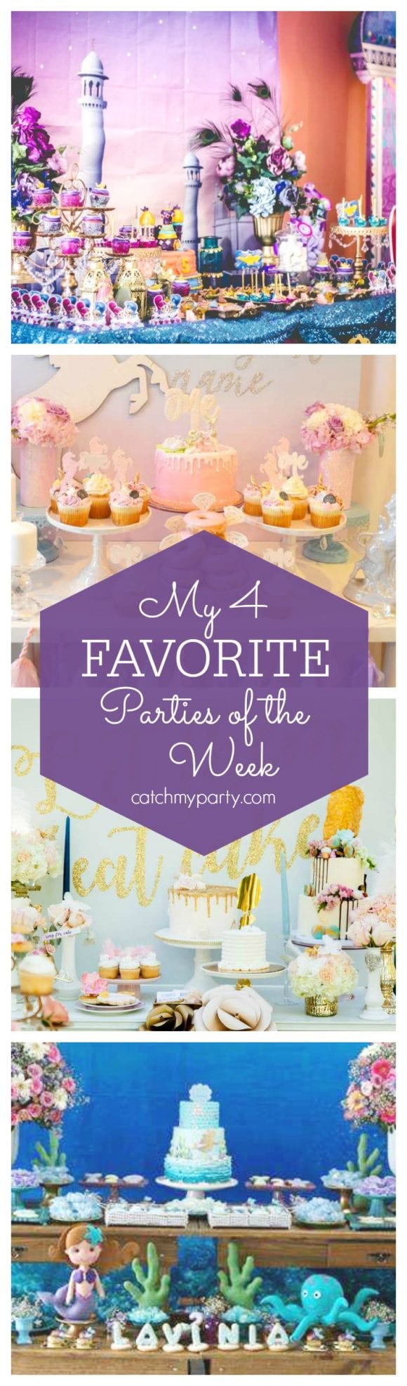 My 4 Favorite Parties of the Week are a magical Shimmer and Shine party, a pretty unicorn party, a wonderful vintage garden bridal shower and a cute mermaid birthday party | CatchMyParty.com