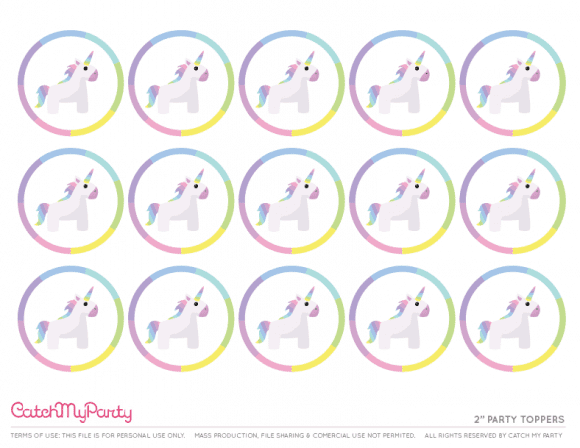 Free Unicorn birthday party Printables for young girls - 2" party toppers | CatchMyParty.com