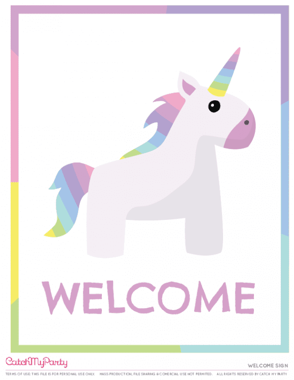 Free Unicorn birthday party Printables for young girls - Welcome sign | CatchMyParty.com