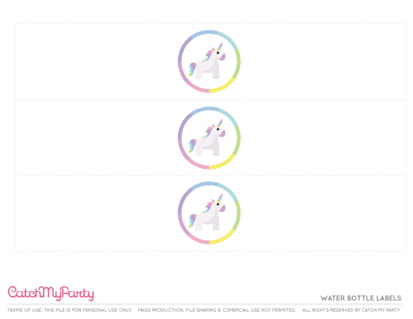 Free Unicorn birthday party Printables for young girls - Water Bottle Labels | CatchMyParty.com